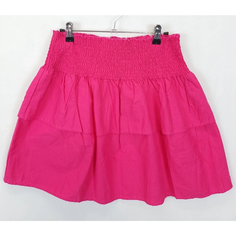 Short Layered Skirt Smocked Pleated Pull On Women XS Fuchsia Preppy Beachy‎